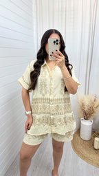 Gold Sparkle Embroidered Shirt and Shorts Co-Ord - CREAM