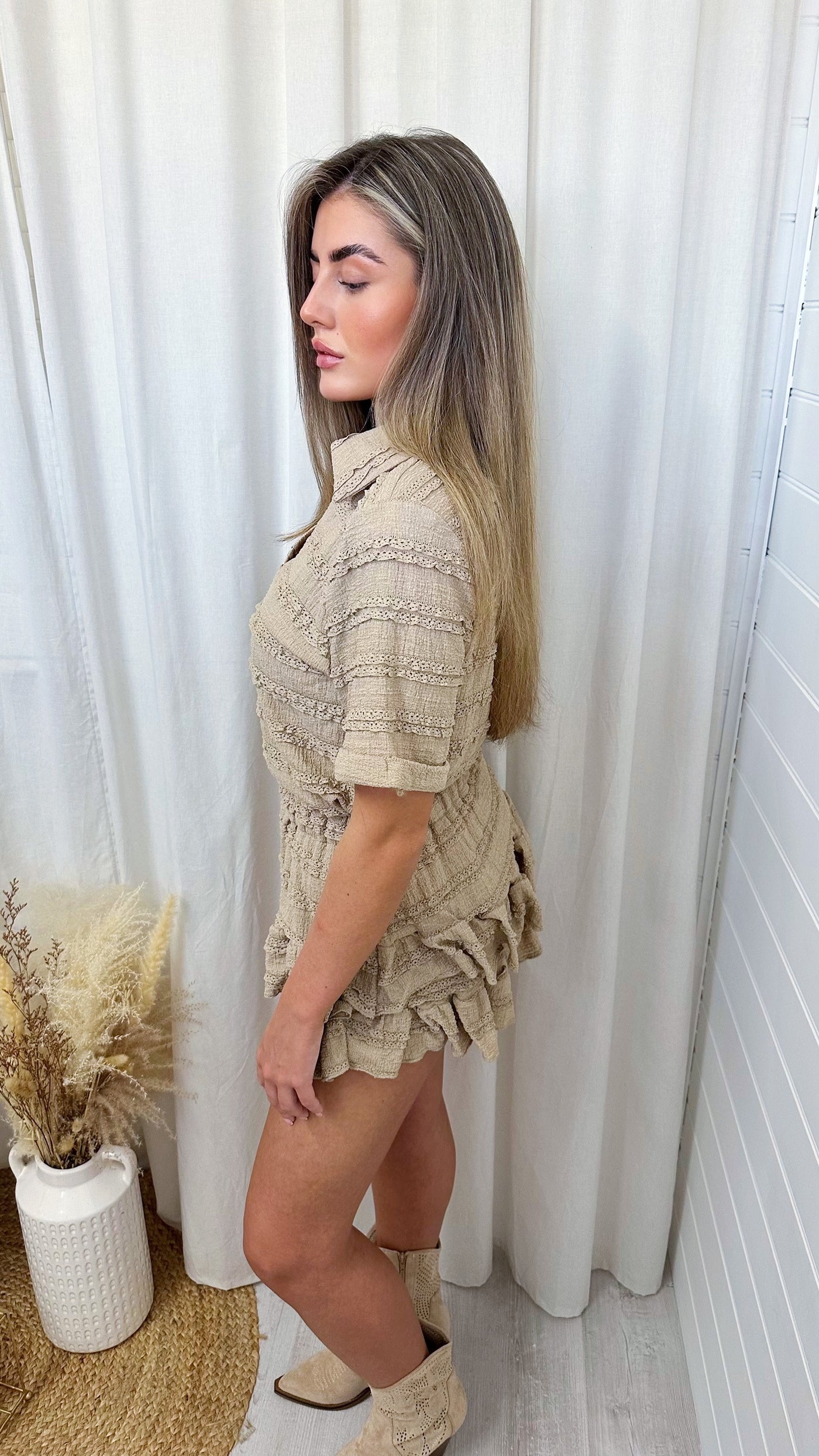 Frill Layered V Neck Top and Skort Co-Ord - TAUPE