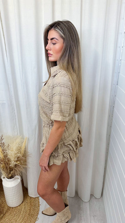 Frill Layered V Neck Top and Skort Co-Ord - TAUPE