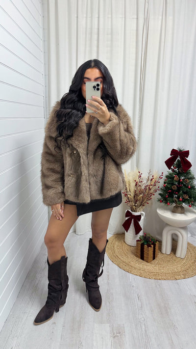 Oversized Lapel Faux Fur Coat - CARAMEL