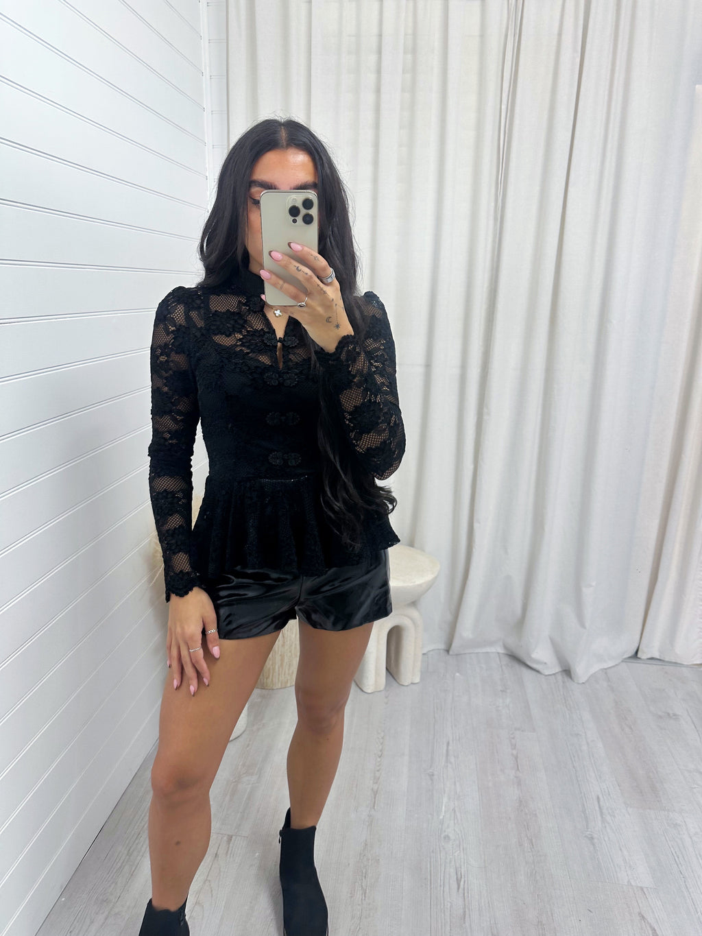 Manderin Neck Long Sleeve Lace Top - BLACK