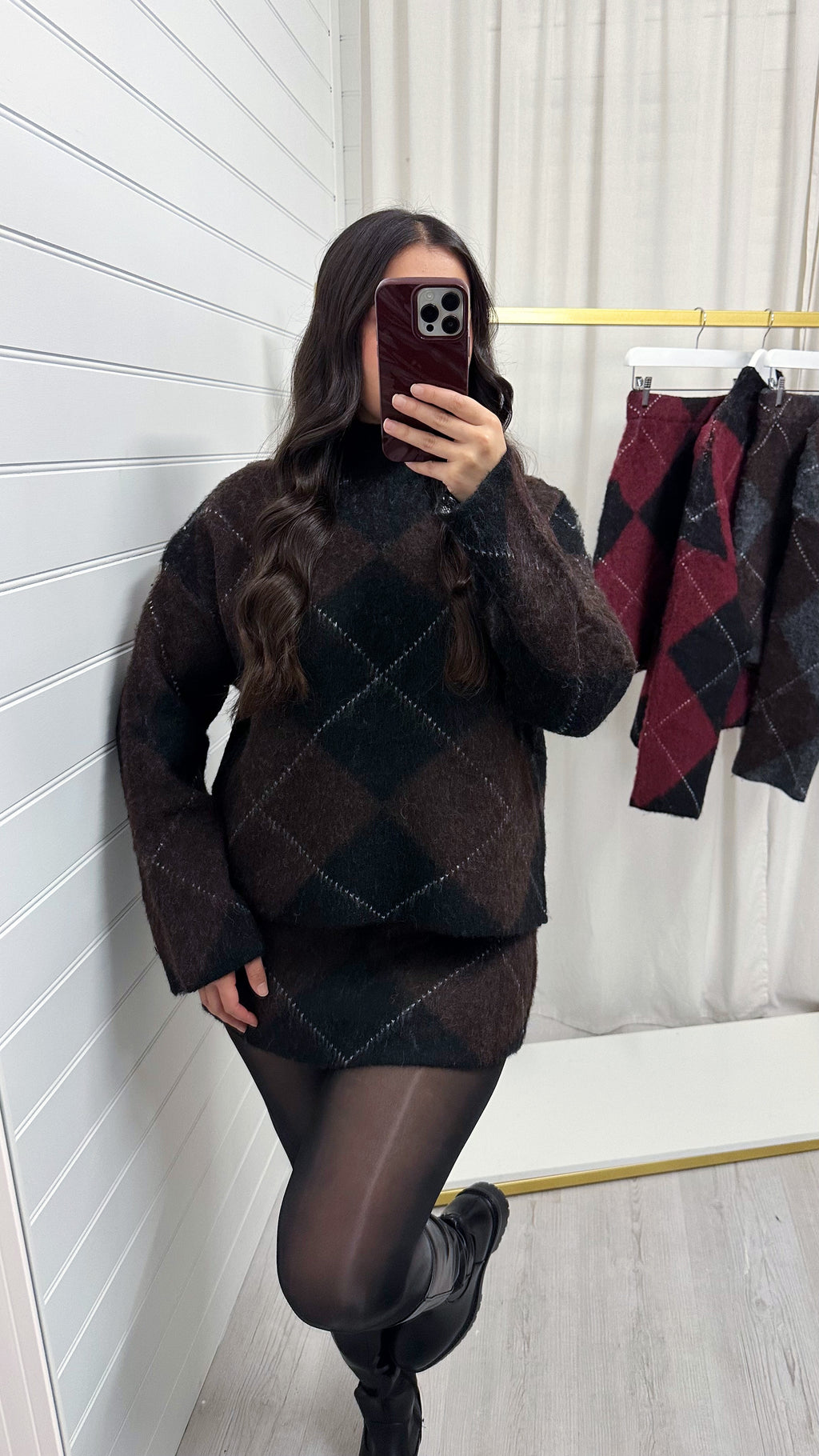 Argyle Woollen Jumper and Skirt Co-Ord - BLACK/BROWN