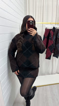 Argyle Woollen Jumper and Skirt Co-Ord - BLACK/BROWN