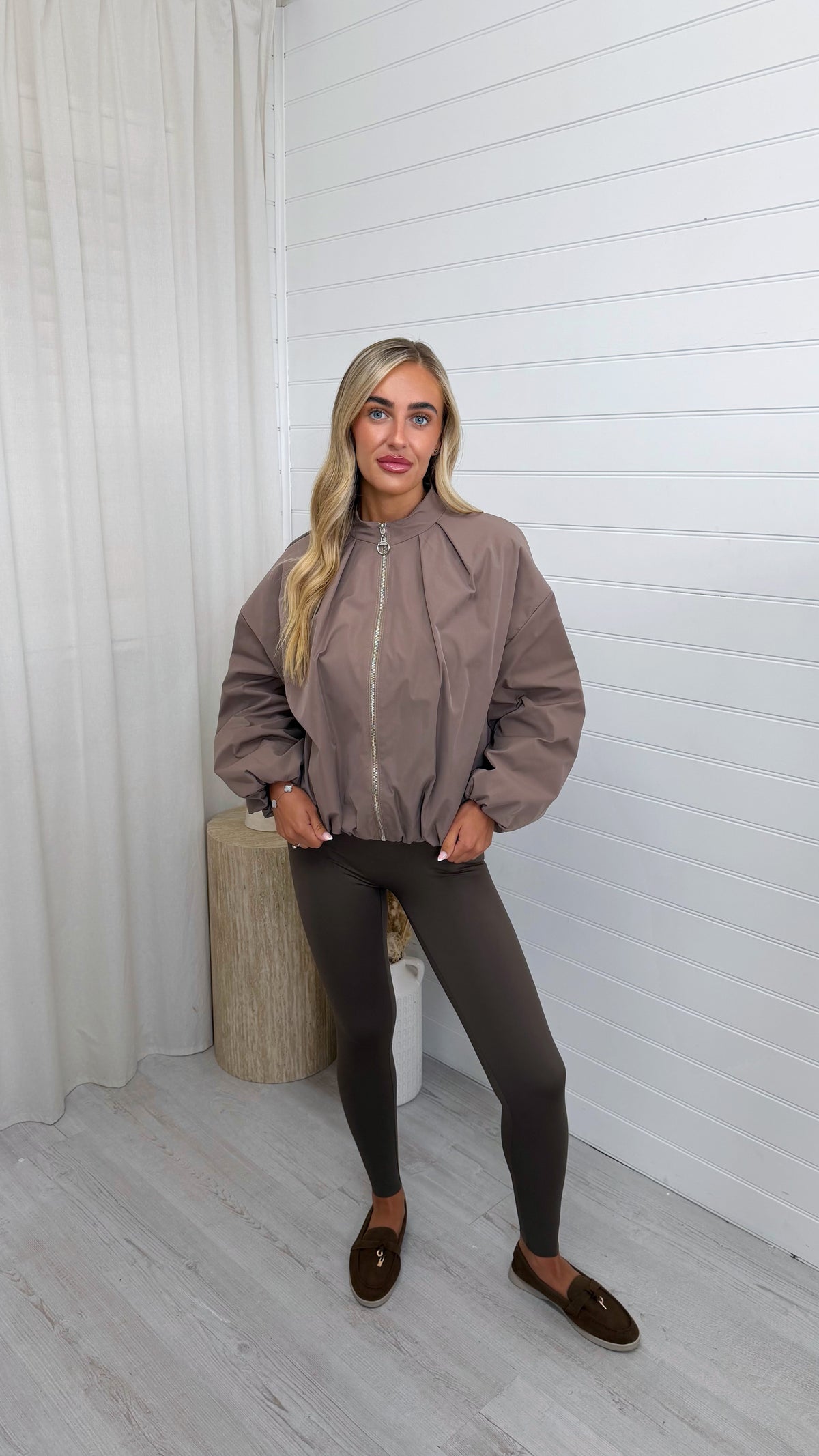 Pleated Shoulder Bomber Jacket - MOCHA
