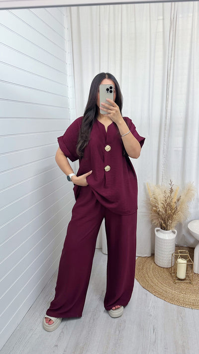 Gold Button V Neck Top and Wide Leg Trousers Co-Ord - WINE