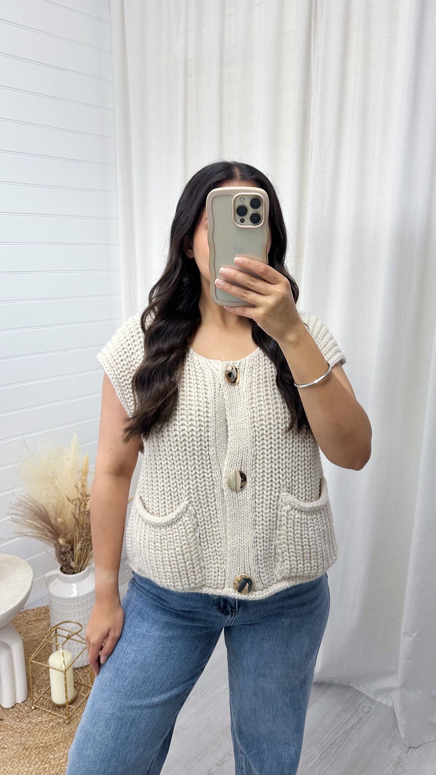 Gold Button Knitted Waistcoat - BEIGE