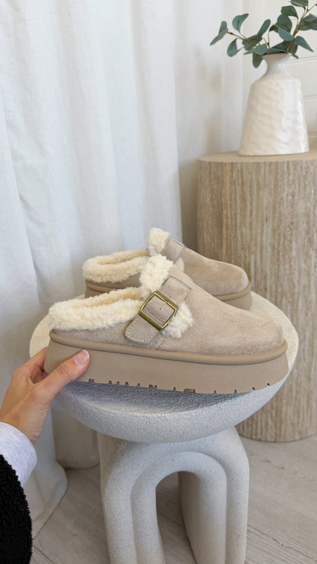 Suede Buckle Strap Platform Slip On Mule - BEIGE