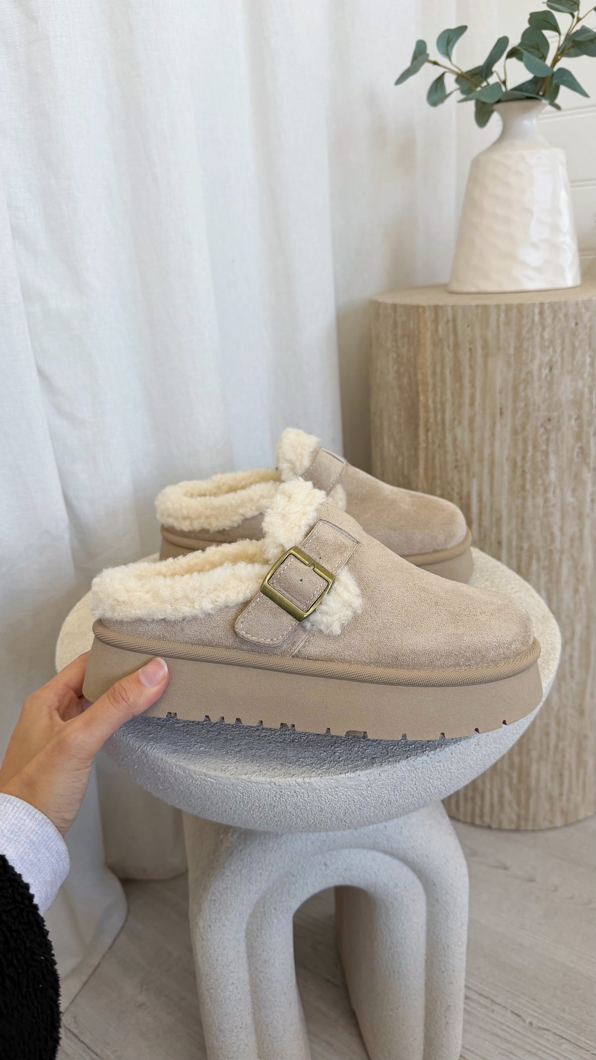 Suede Buckle Strap Platform Slip On Mule - BEIGE