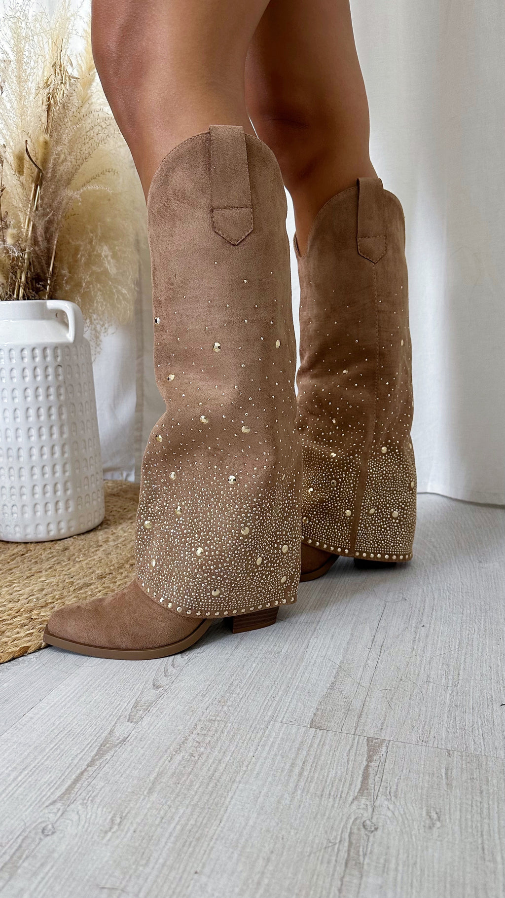 Gold Stud Knee High Fold Over Cowboy Boots - CAMEL