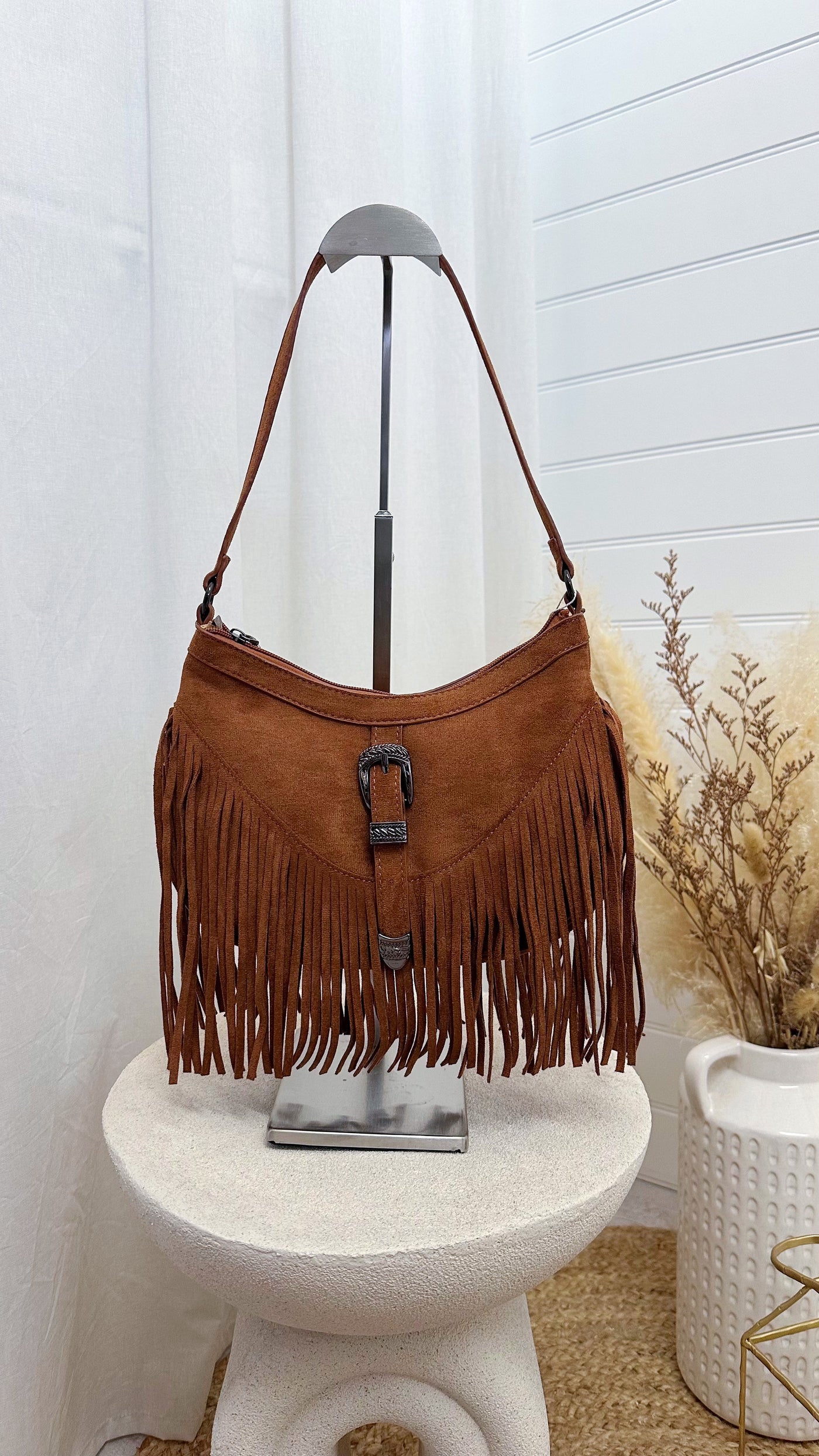 Suede Tassle Shoulder Bag - TAN