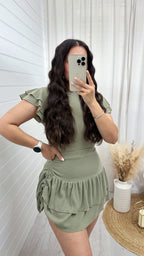 Frill Sleeve Top and Frill Ruched Skirt Co-Ord - KHAKI