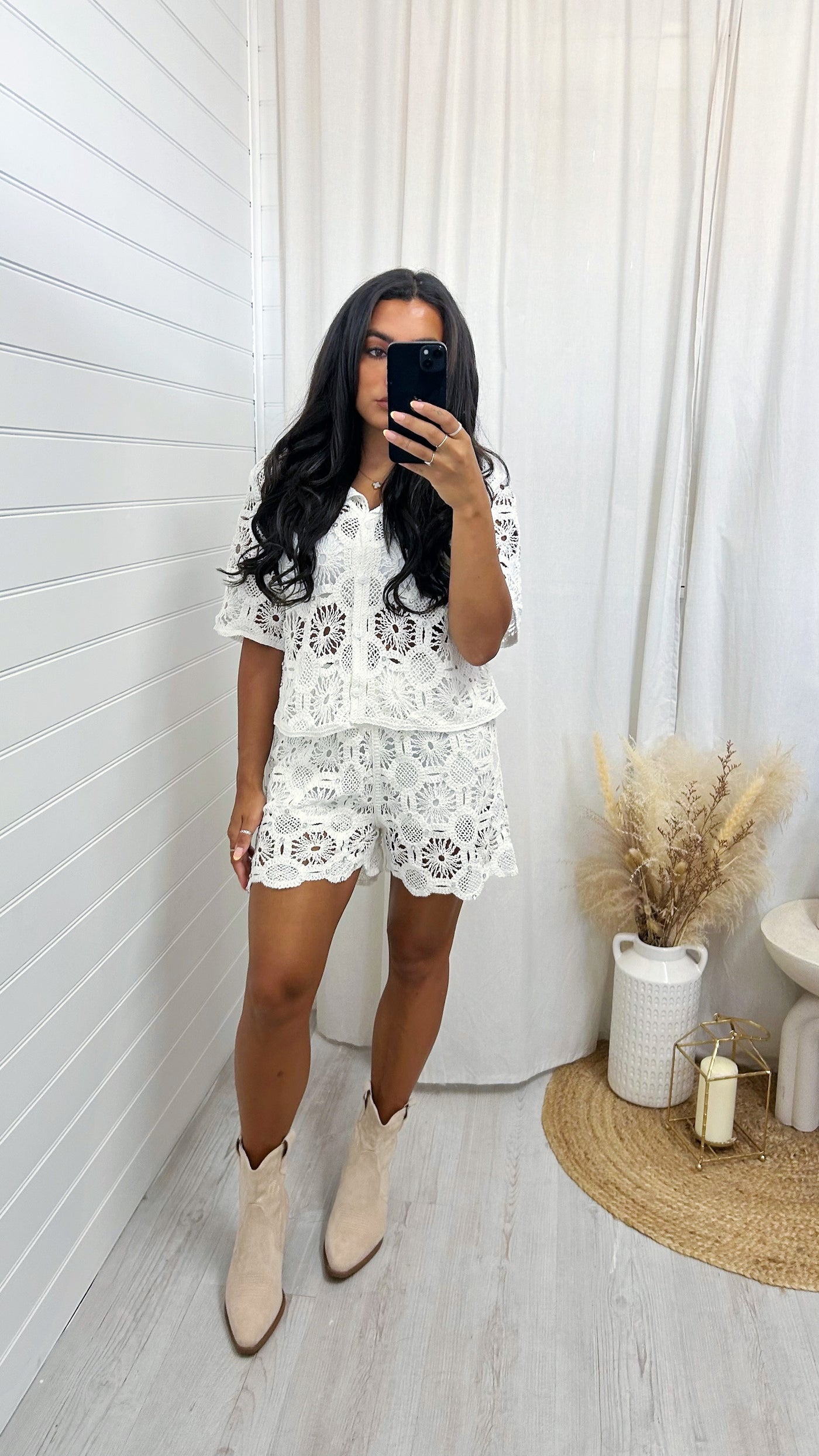 Diamante Crochet Cardigan and Shorts Co-Ord - WHITE