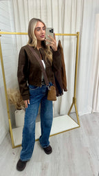 Suede Cropped Bomber Jacket - BROWN