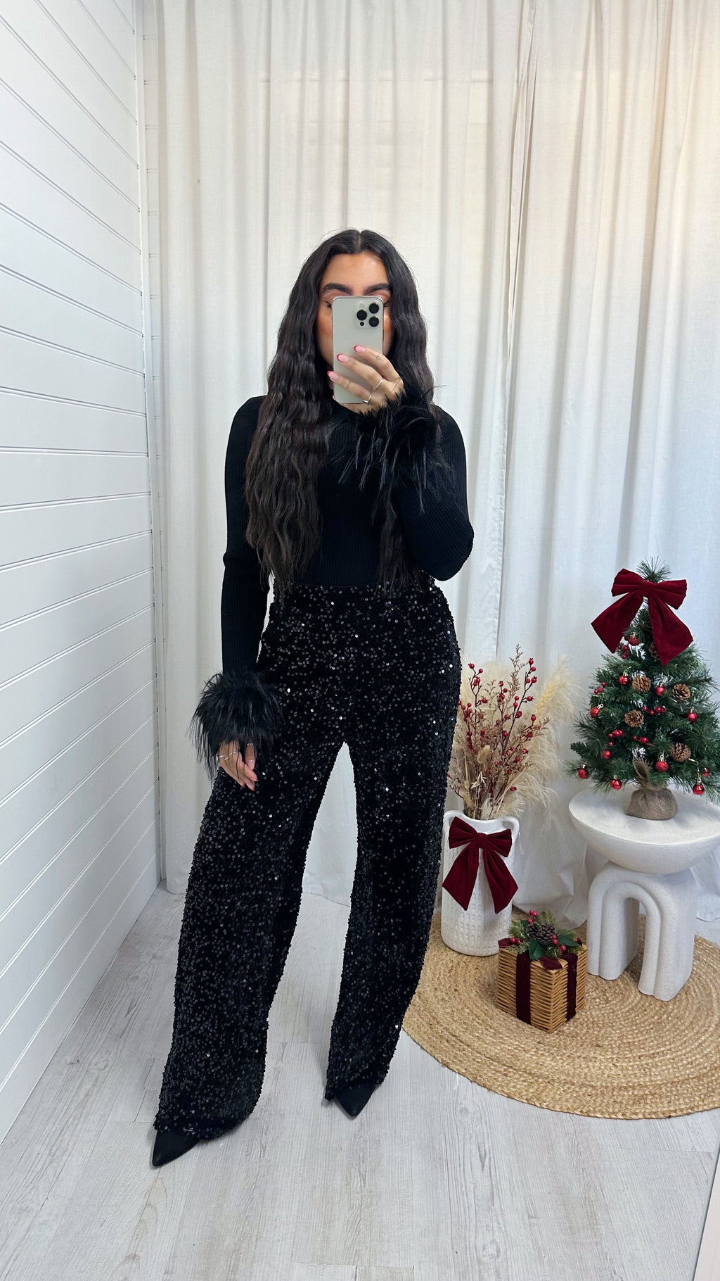 Sequin Velvet Wide Leg Trousers - BLACK