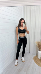 Piped Trim Sports Bra and Leggings Gym Set - BLACK