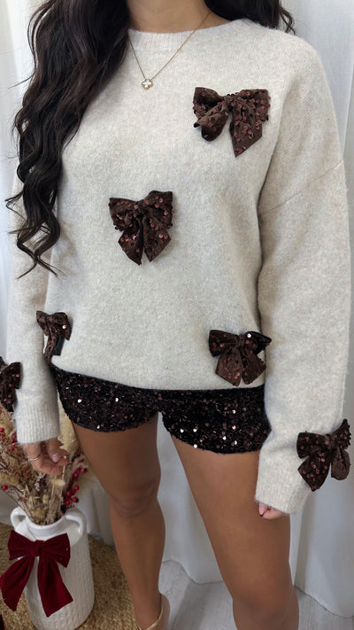 Velvet Sequin Bow Woollen Jumper - CREAM/BROWN