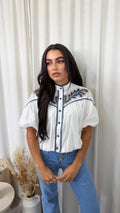 Paisley Embroidered Puff Sleeve Crop Blouse - WHITE