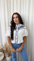 Paisley Embroidered Puff Sleeve Crop Blouse - WHITE