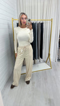 Textured Wide Leg Trousers - BEIGE