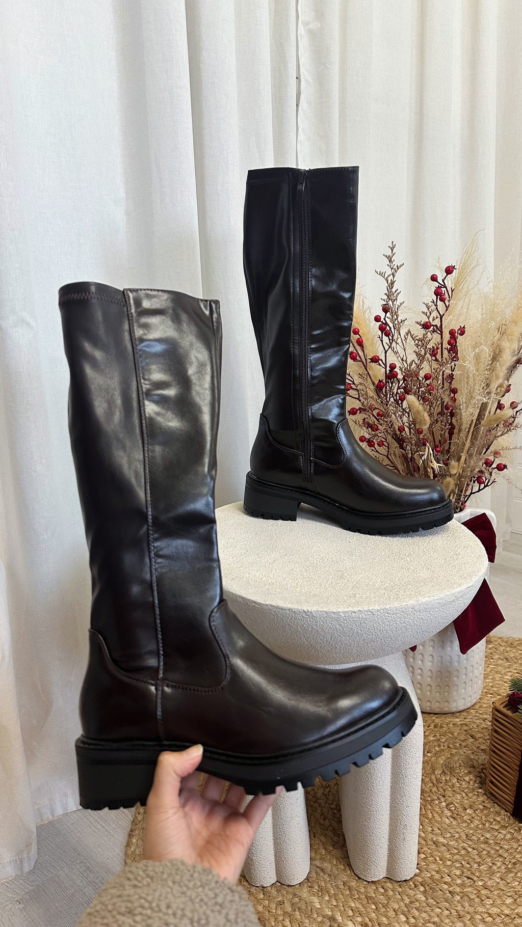 Knee High PU Chunky Boots - BROWN