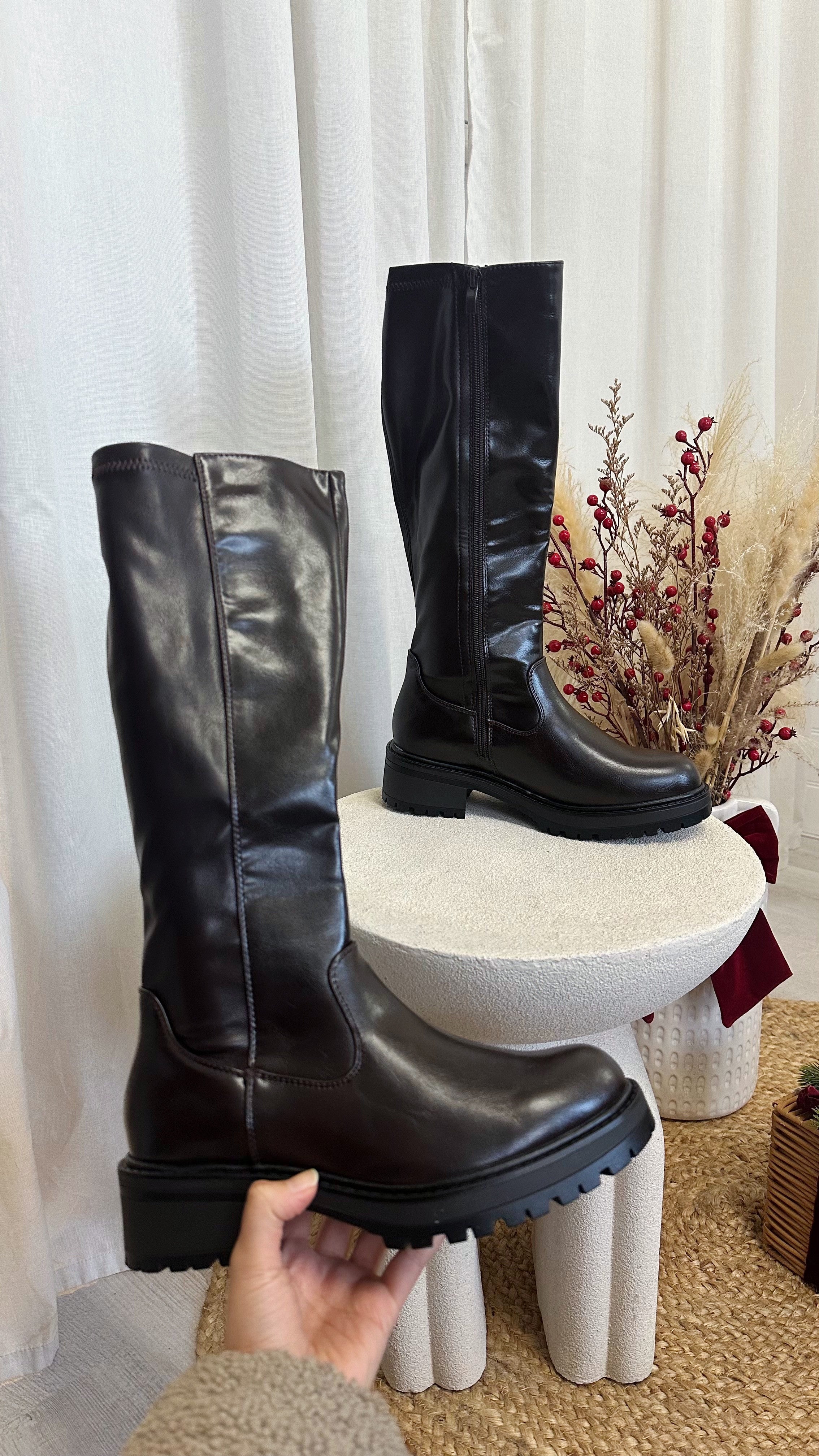 Knee High PU Chunky Boots - BROWN