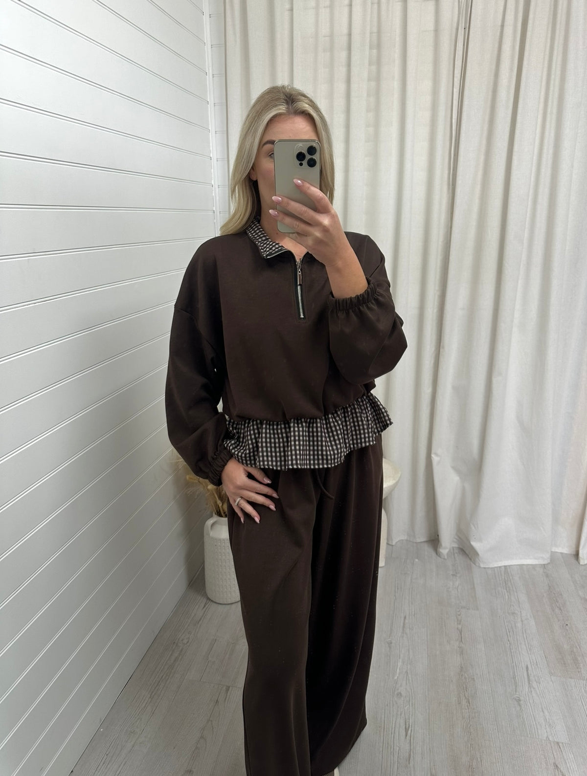 Check Peplum Co-Ord - BROWN
