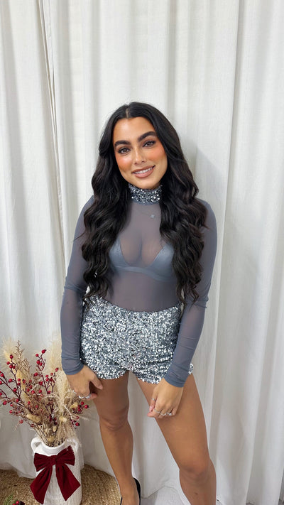 3 Piece Sequin Mesh Bodysuit, Bralette and Shorts Co-Ord - SILVER