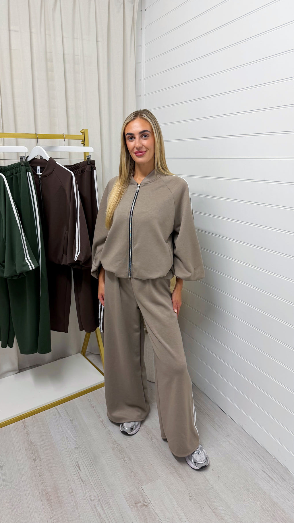 Classic Stripe Jacket and Wide Leg Joggers Tracksuit - MOCHA