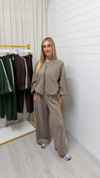 Classic Stripe Jacket and Wide Leg Joggers Tracksuit - MOCHA