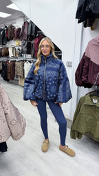Bandana Print Puffer Jacket - NAVY