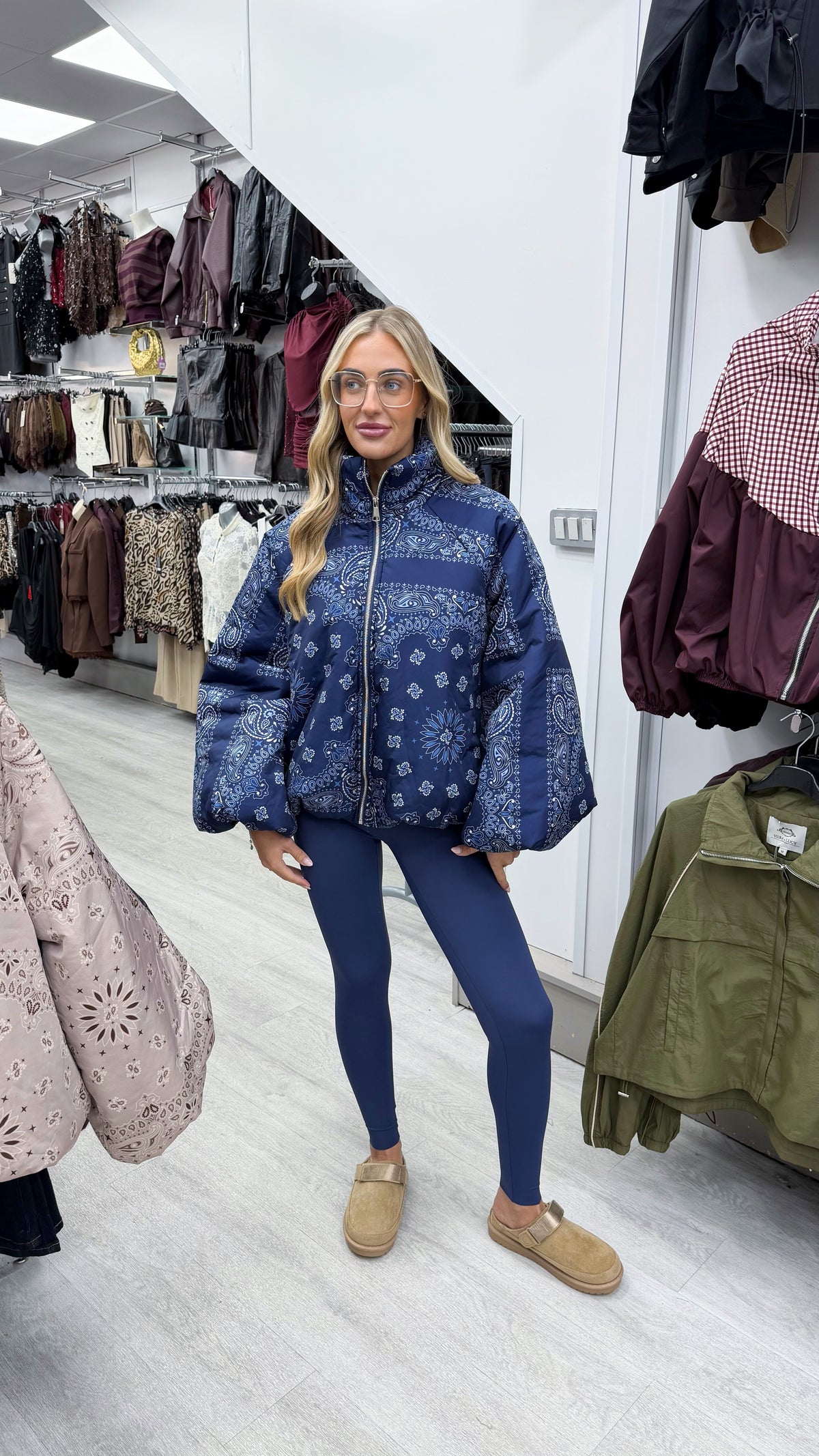 Bandana Print Puffer Jacket - NAVY