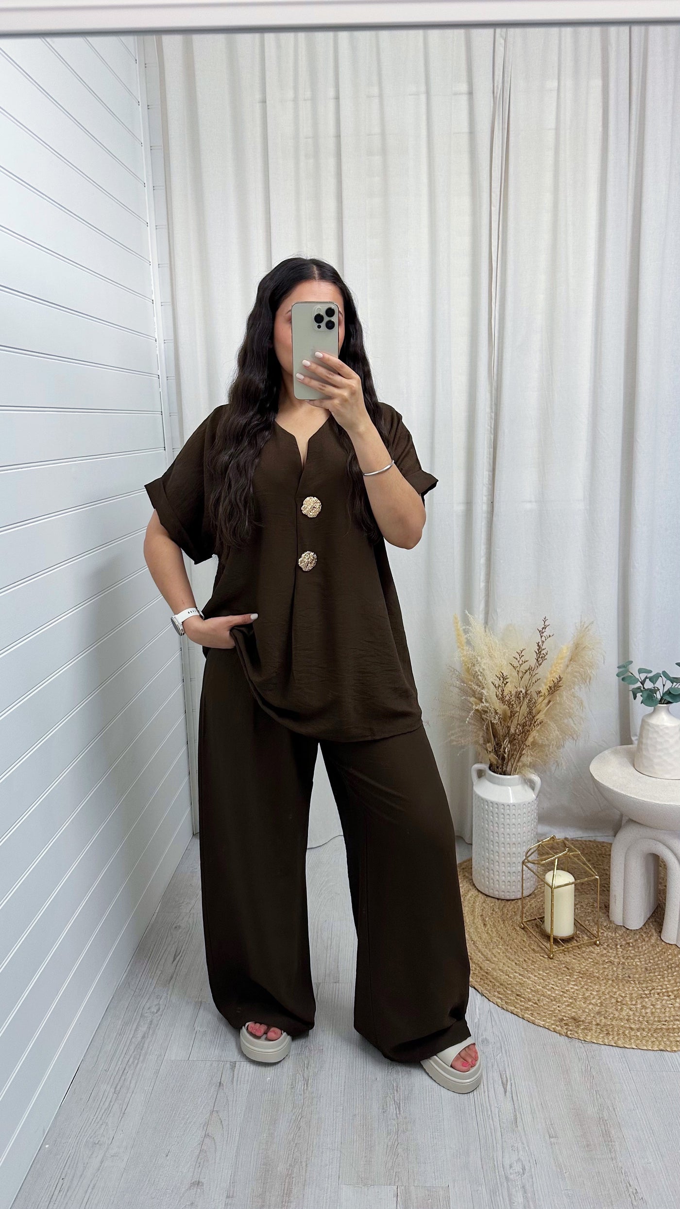 Gold Button V Neck Top and Wide Leg Trousers Co-Ord - BROWN