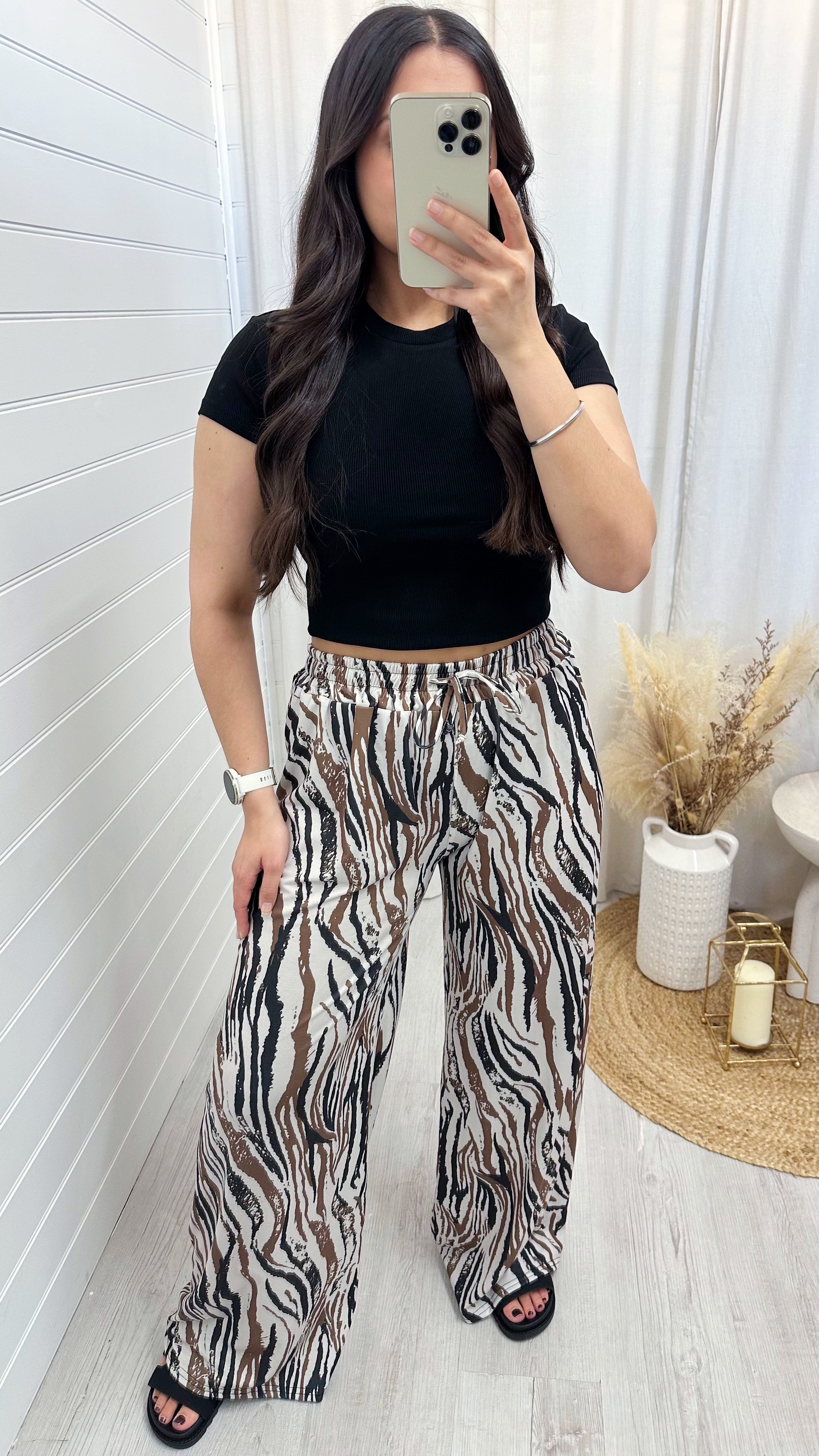Stretchy Wide Leg Tiger Print Trousers