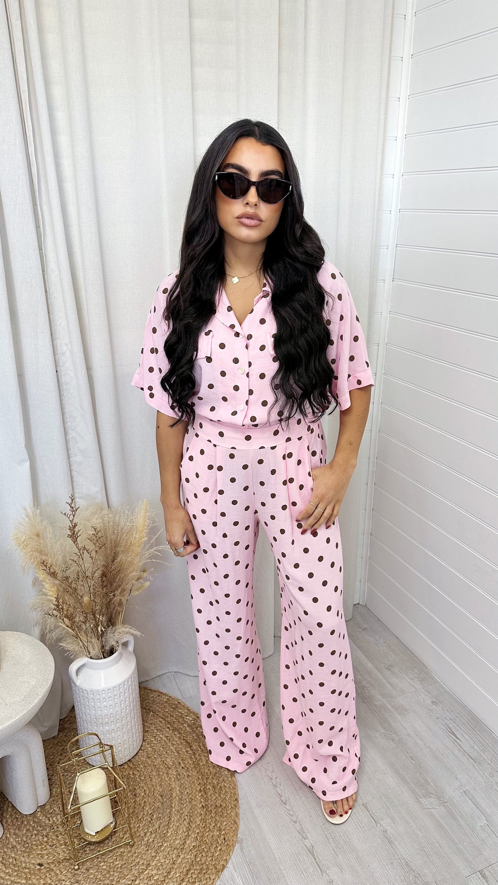 Polka Dot Cropped Shirt and Trousers Co-Ord - PINK/BROWN
