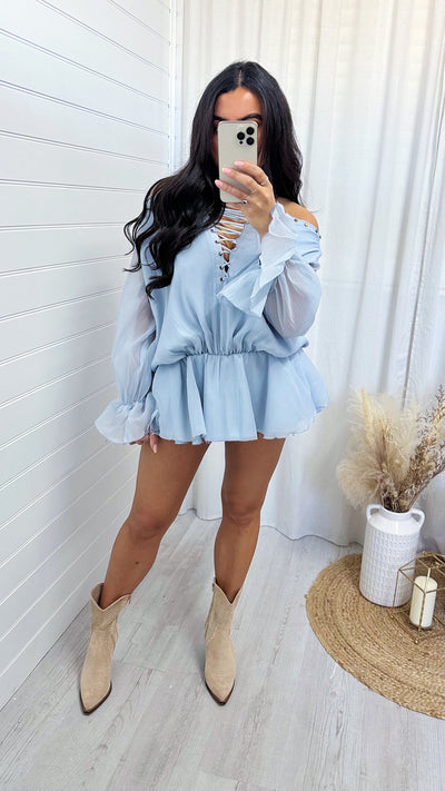 Chiffon Lace Up Peplum Top - POWDER BLUE