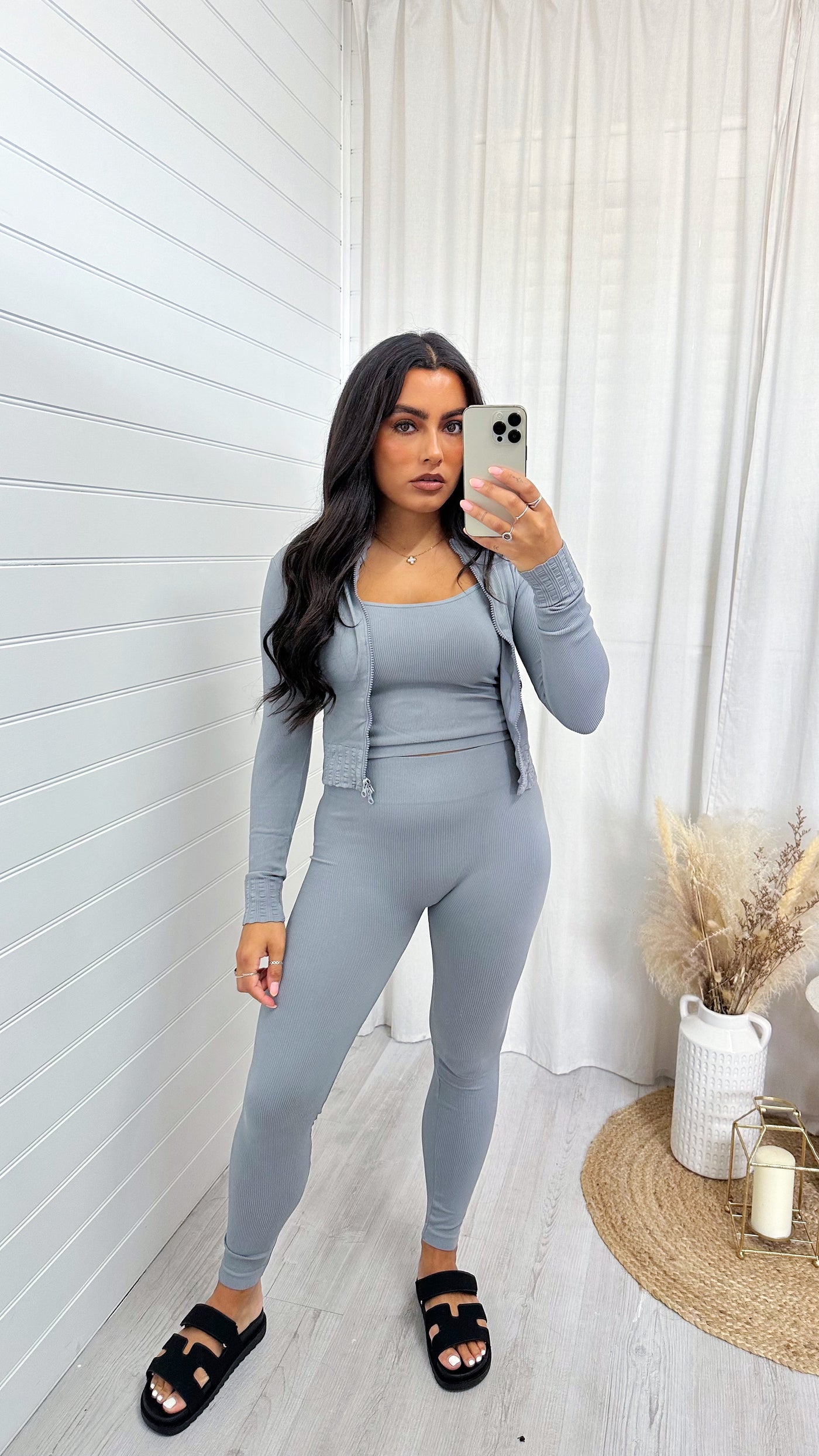 3 Piece Jacket, Crop Top and Leggings Active Set - GREY
