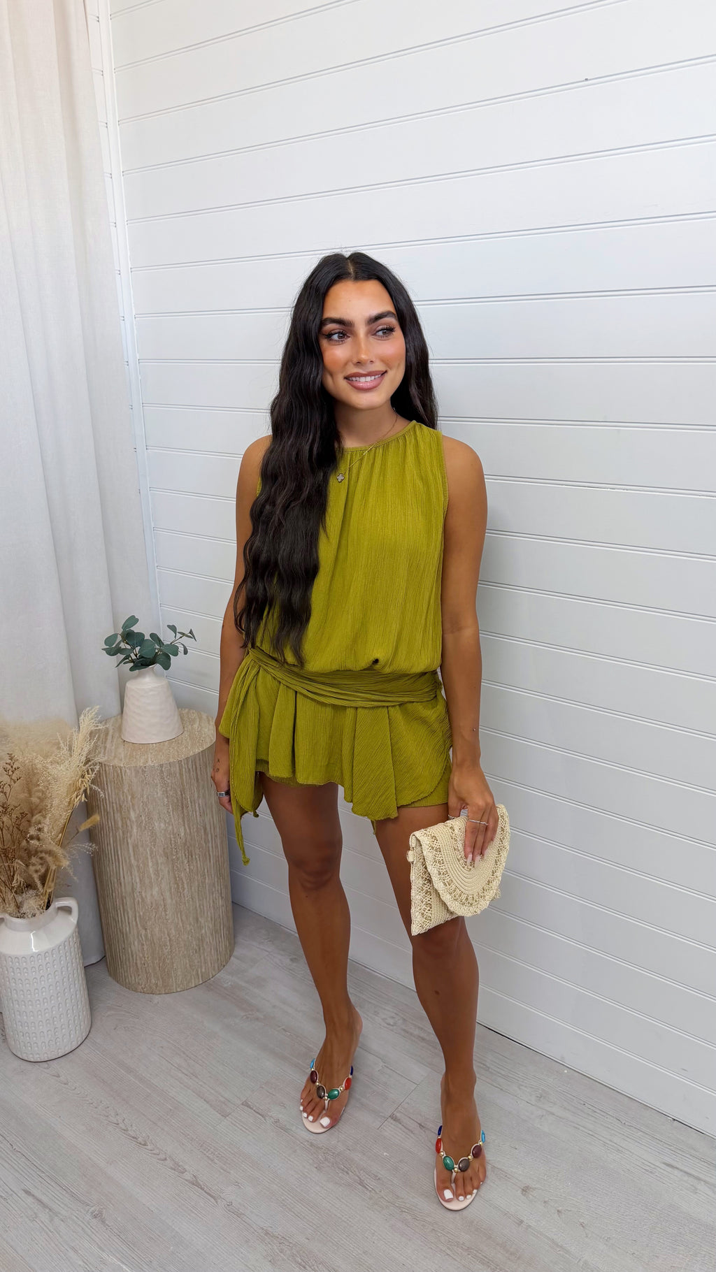 Side Drape Crinkle Playsuit - OLIVE