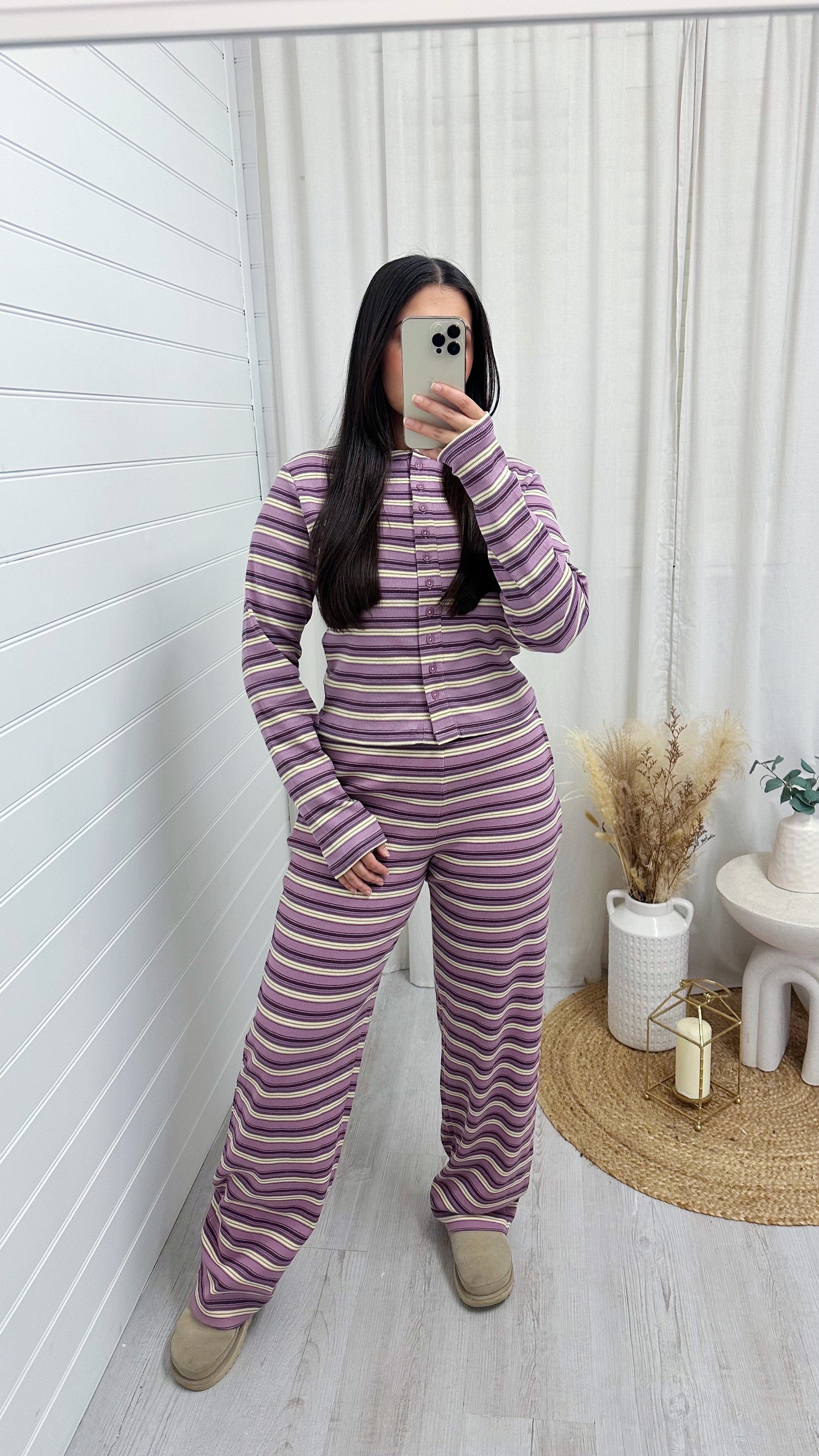 Stripe Knit Cardigan and Straight Leg Joggers Co-Ord - LILAC/LEMON