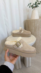 Suede Buckle Strap Platform Slip On Mule - BEIGE