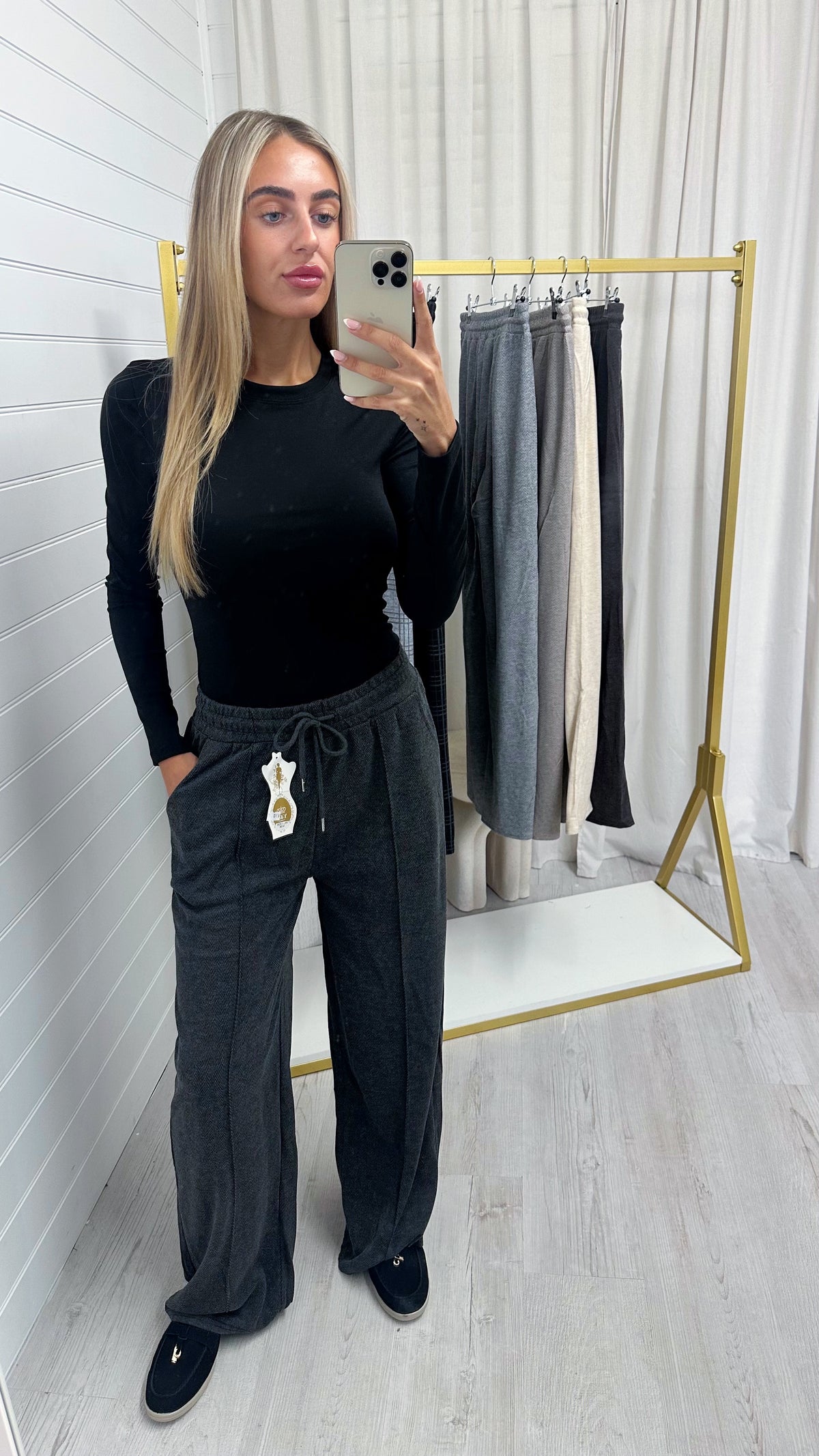 Textured Wide Leg Trousers - CHARCOAL
