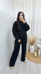 Sequin Sleeve Sweatshirt and Joggers Tracksuit - BLACK