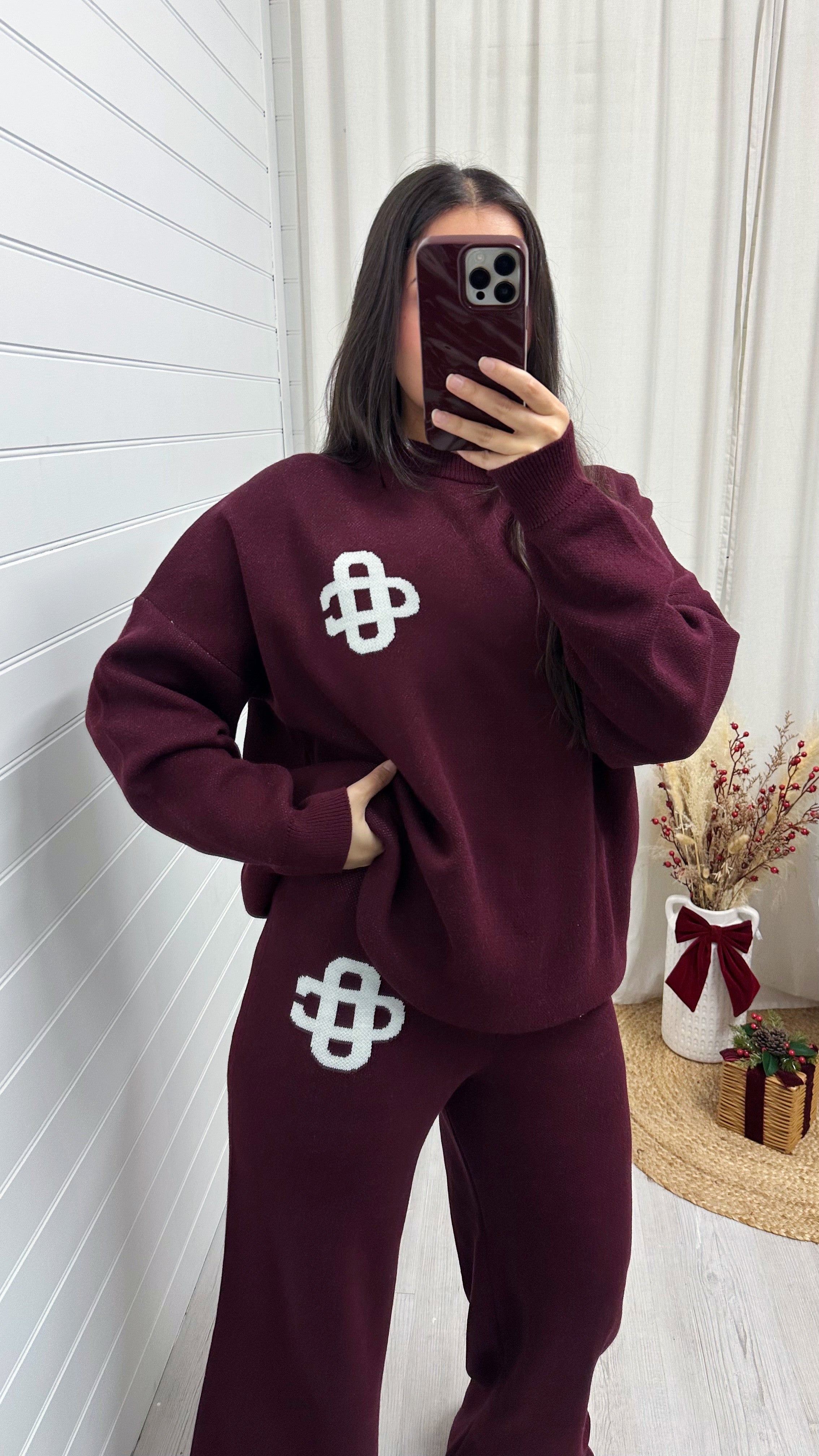 Knitted Logo Sweatshirt and Wide Leg Trousers Co-Ord - BURGUNDY