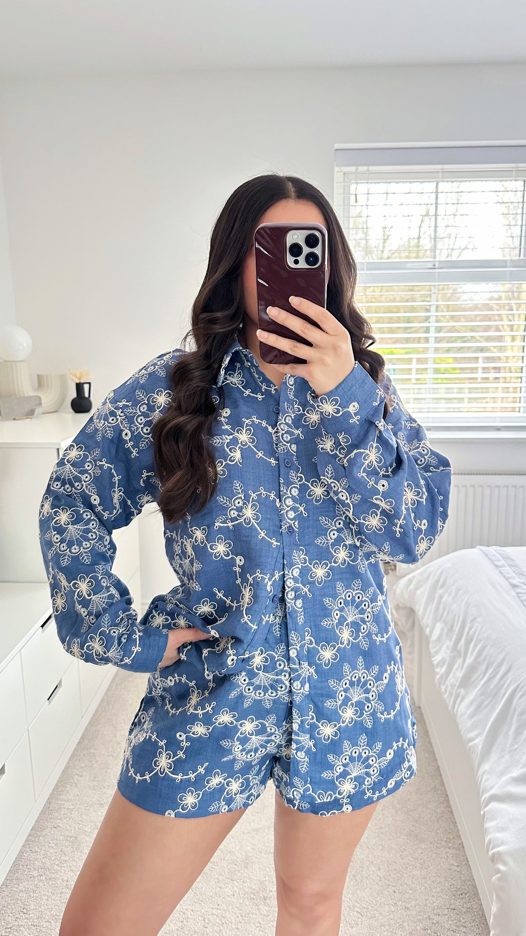 Embroidered Flower Pattern Shirt and Shorts Co-Ord - DENIM BLUE
