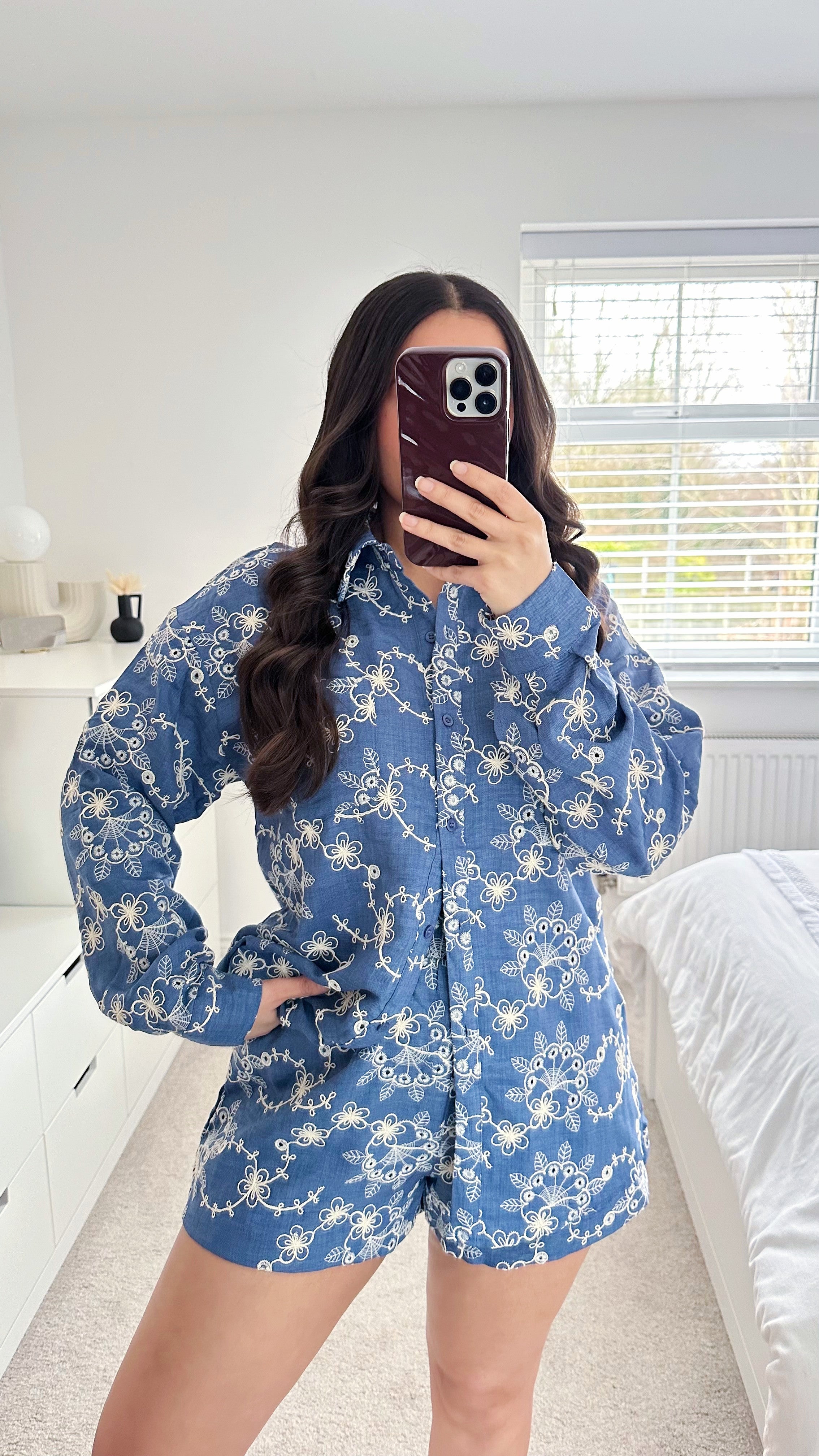 Embroidered Flower Pattern Shirt and Shorts Co-Ord - DENIM BLUE