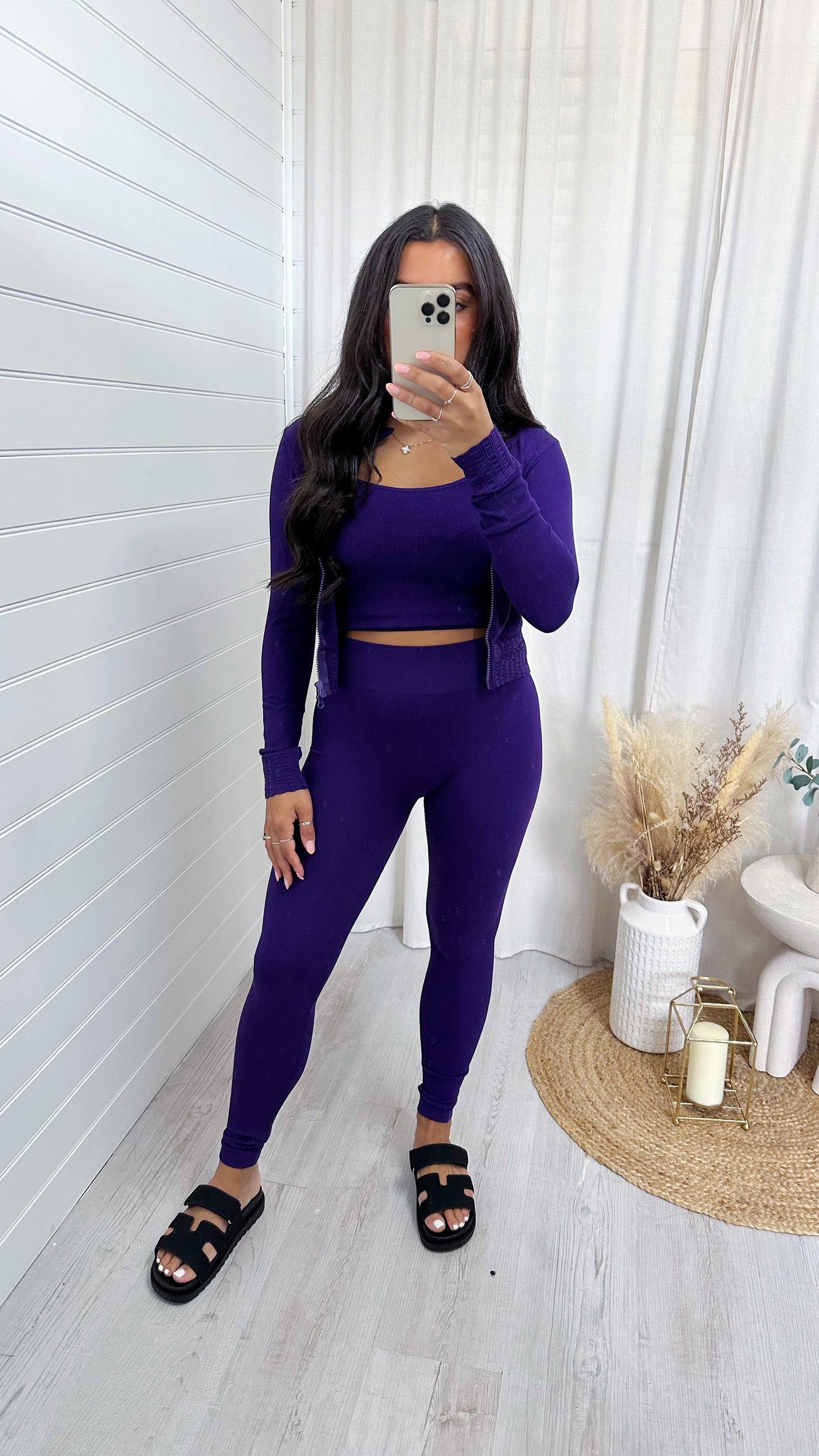 3 Piece Jacket, Crop Top and Leggings Active Set - PURPLE