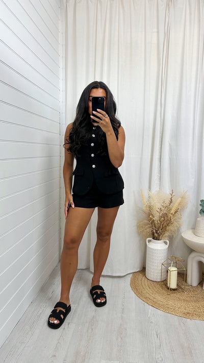 Tailored Diamante Button Waistcoat and Shorts Co-Ord - BLACK