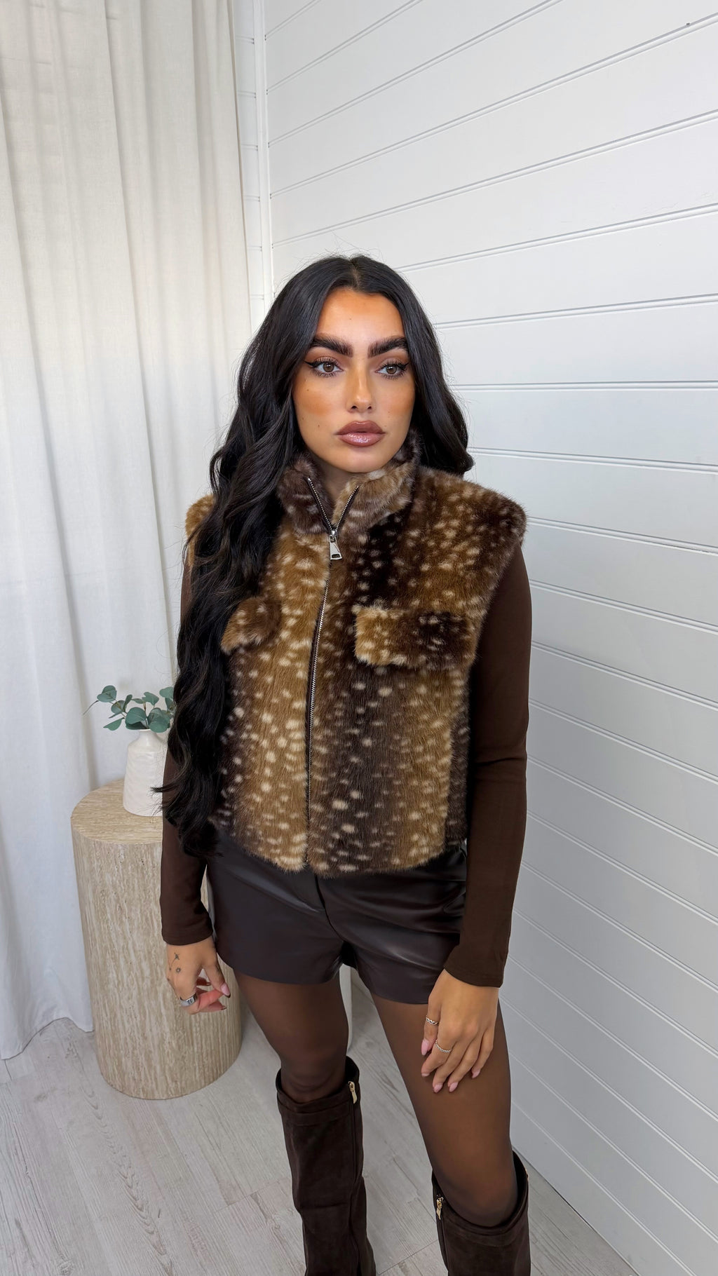 Cropped Faux Fur Deer Print Gilet - DARK BEIGE