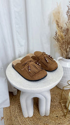Beaded Tassel Suede Mules - CAMEL
