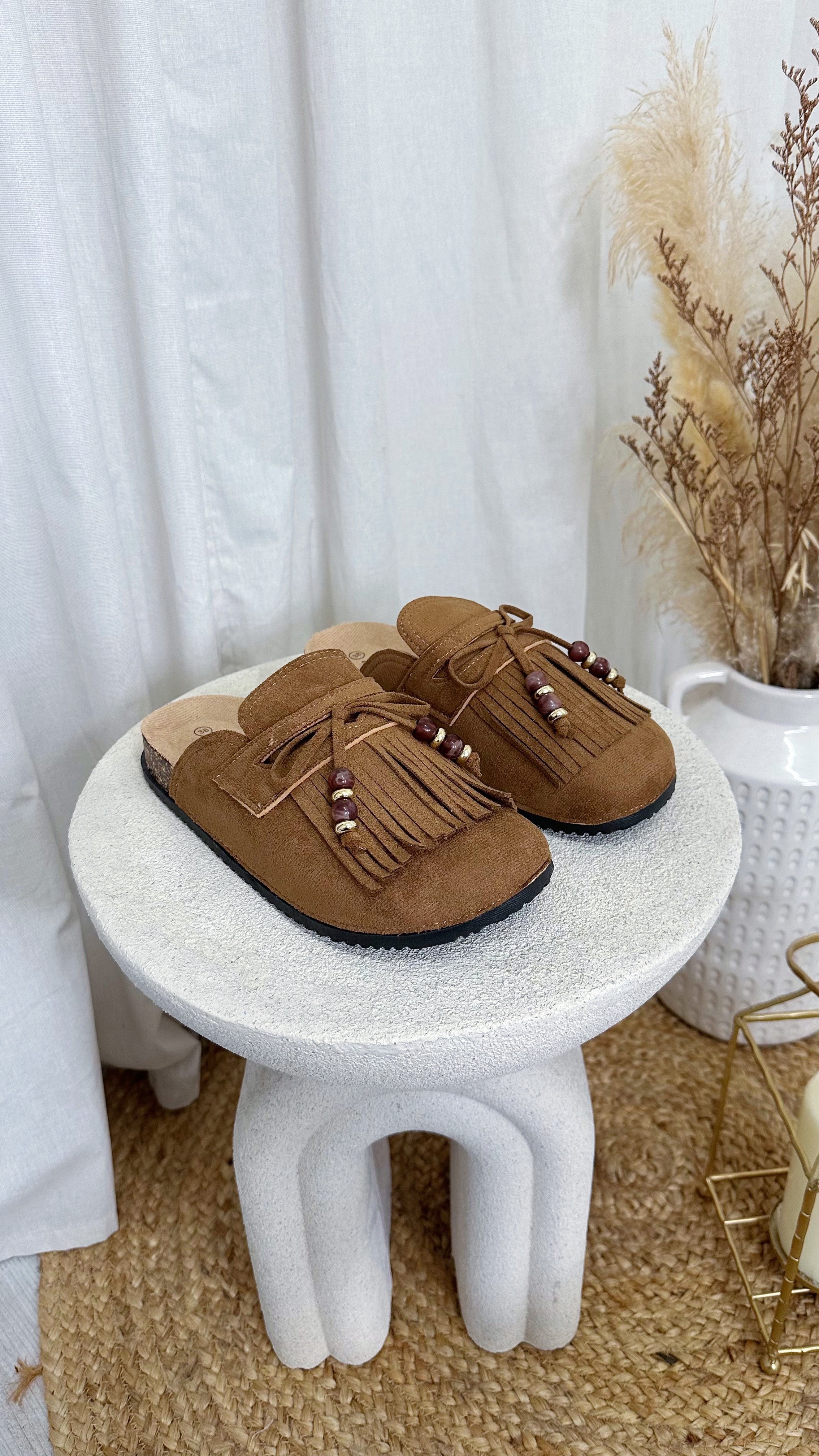 Beaded Tassel Suede Mules - CAMEL