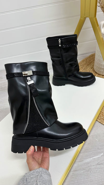 Rhinestone Mid Length PU Boots - BLACK